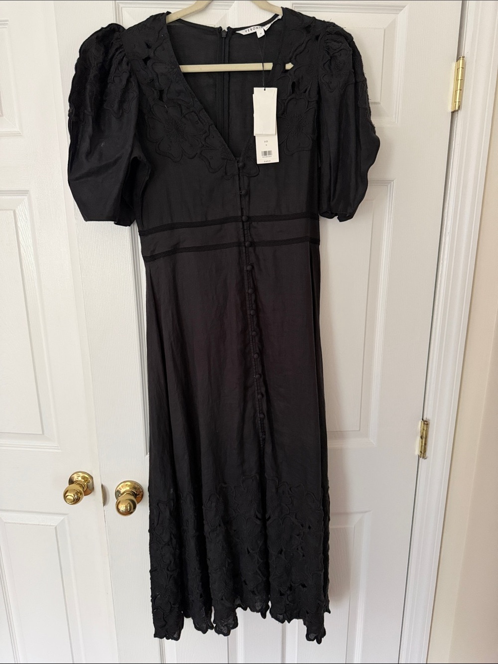 Veronica Beard Black Embroidered Puff-Sleeve Midi Dress